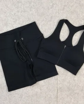 2 pezzi Set da yoga per donna Palestra Fitness Tute Reggiseno con cerniera Pantaloncini sportivi senza cuciture Abbigliamento da