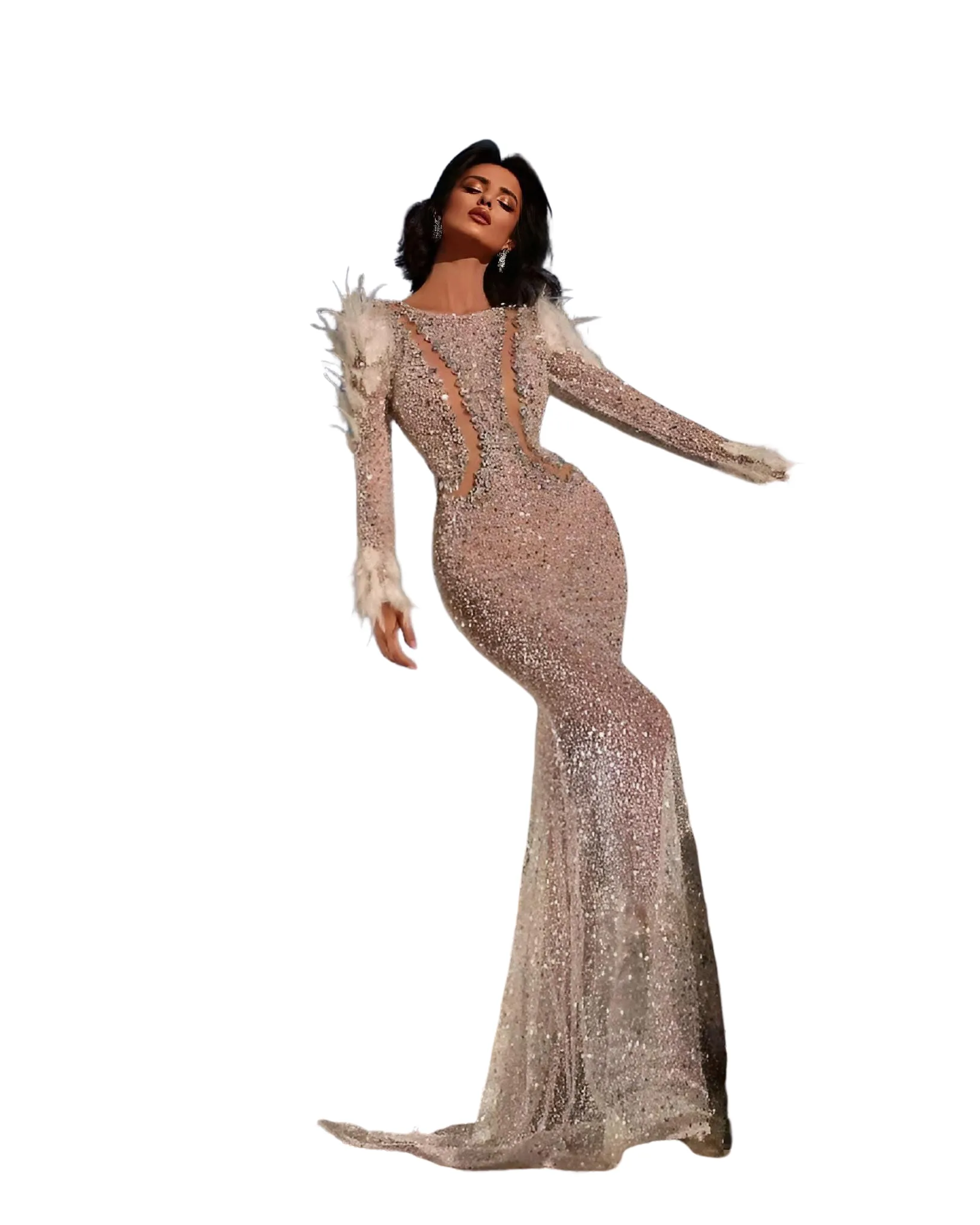 Abito Donna Lungo Sirena Piume Paillettes Strass Aderente Cut Out Elegante Sensuale Cerimonia