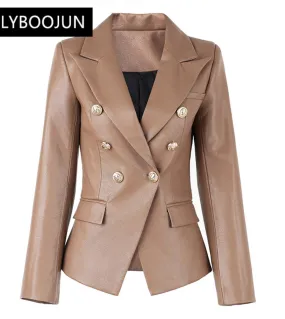 Blazer Jacket Donna 2022 New Office Fashion Pu Giacca in pelle Doppio petto Slim Fitness Qualità Casual Primavera Donna B