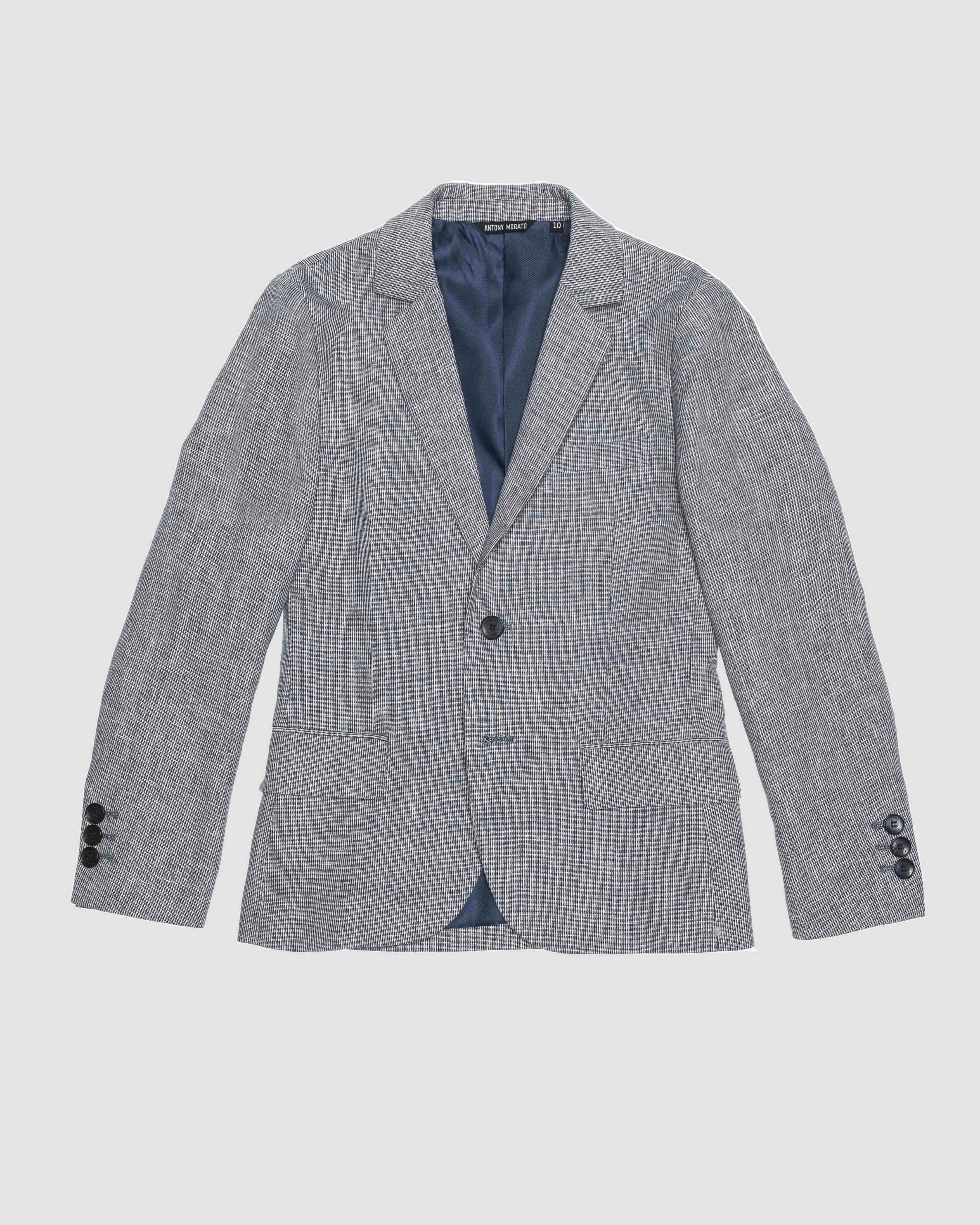 Blazer monopetto in cotone e lino micro quadretto bianco e blu 10-16 anni