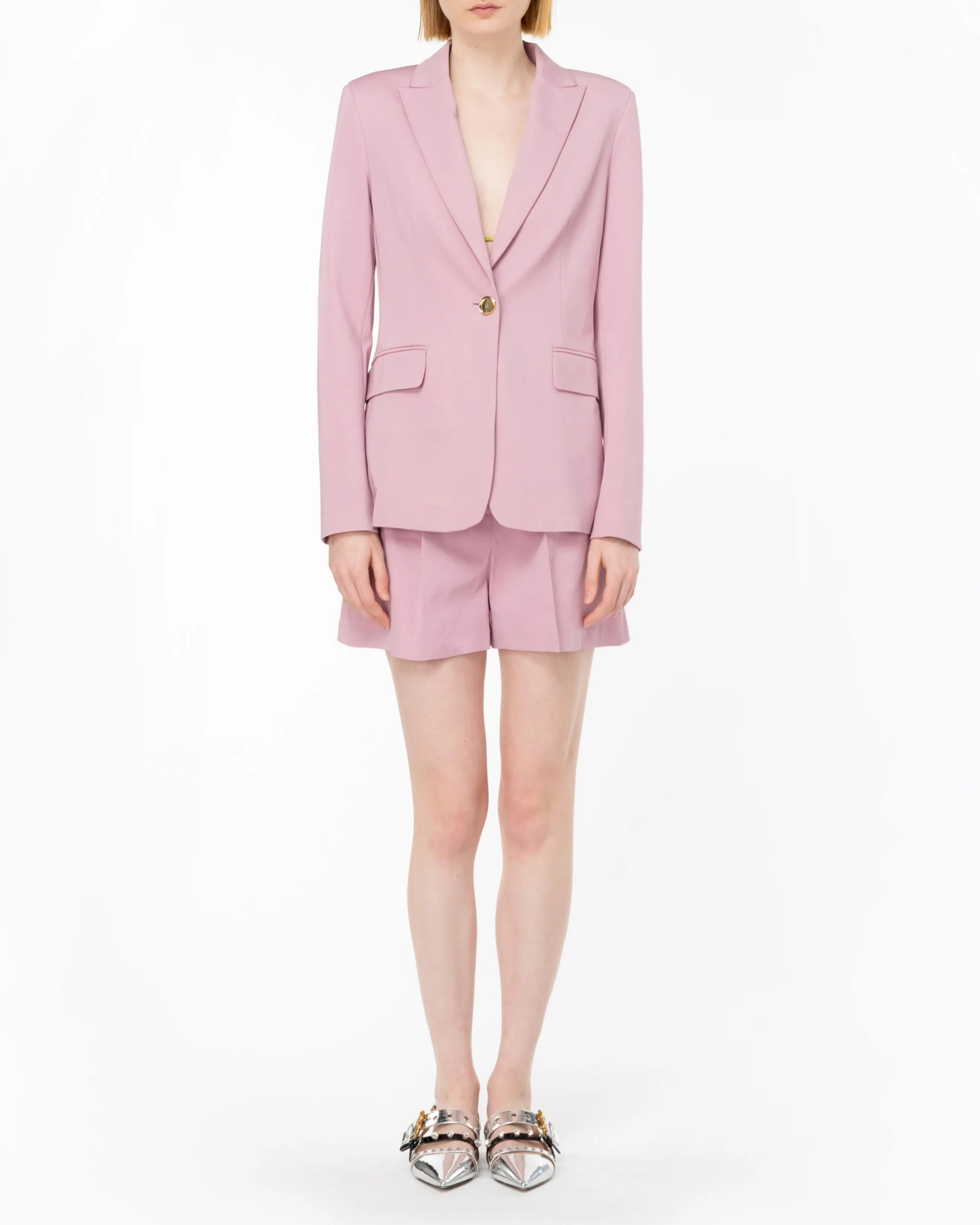 Blazer rosa in viscosa stretch con scollo a rever e bottone di chiusura dorato a specchio