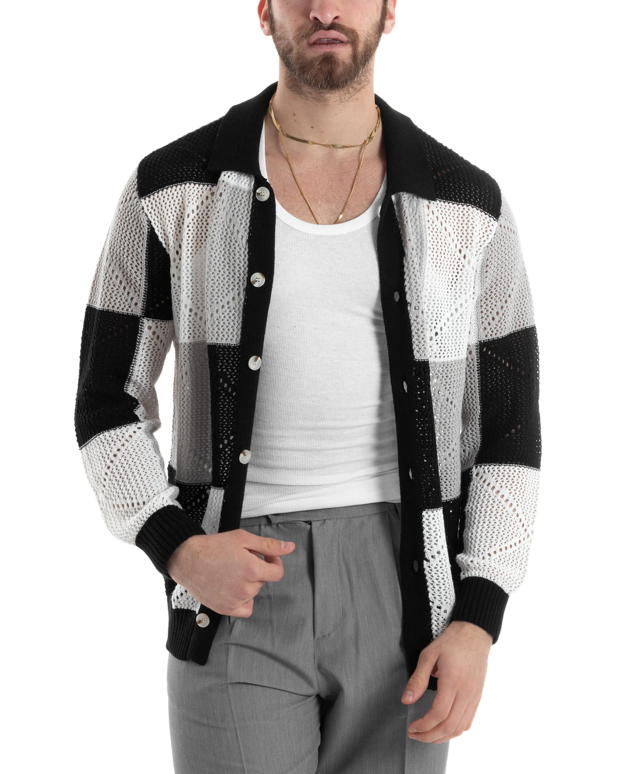 Cardigan Uomo Con Colletto Maglia Multicolore Polo Bucata Giacca Con Bottoni Nero Casual GIOSAL-M2815A