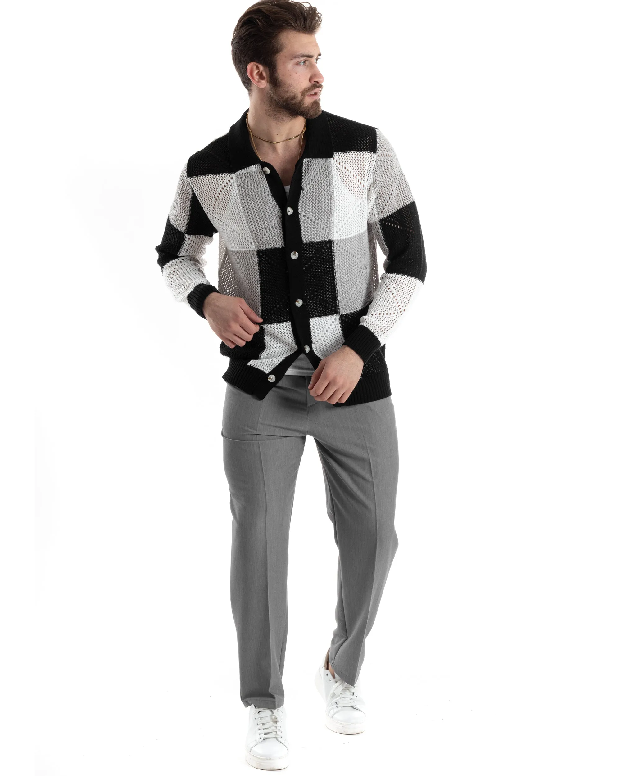 Cardigan Uomo Con Colletto Maglia Multicolore Polo Bucata Giacca Con Bottoni Nero Casual GIOSAL-M2815A