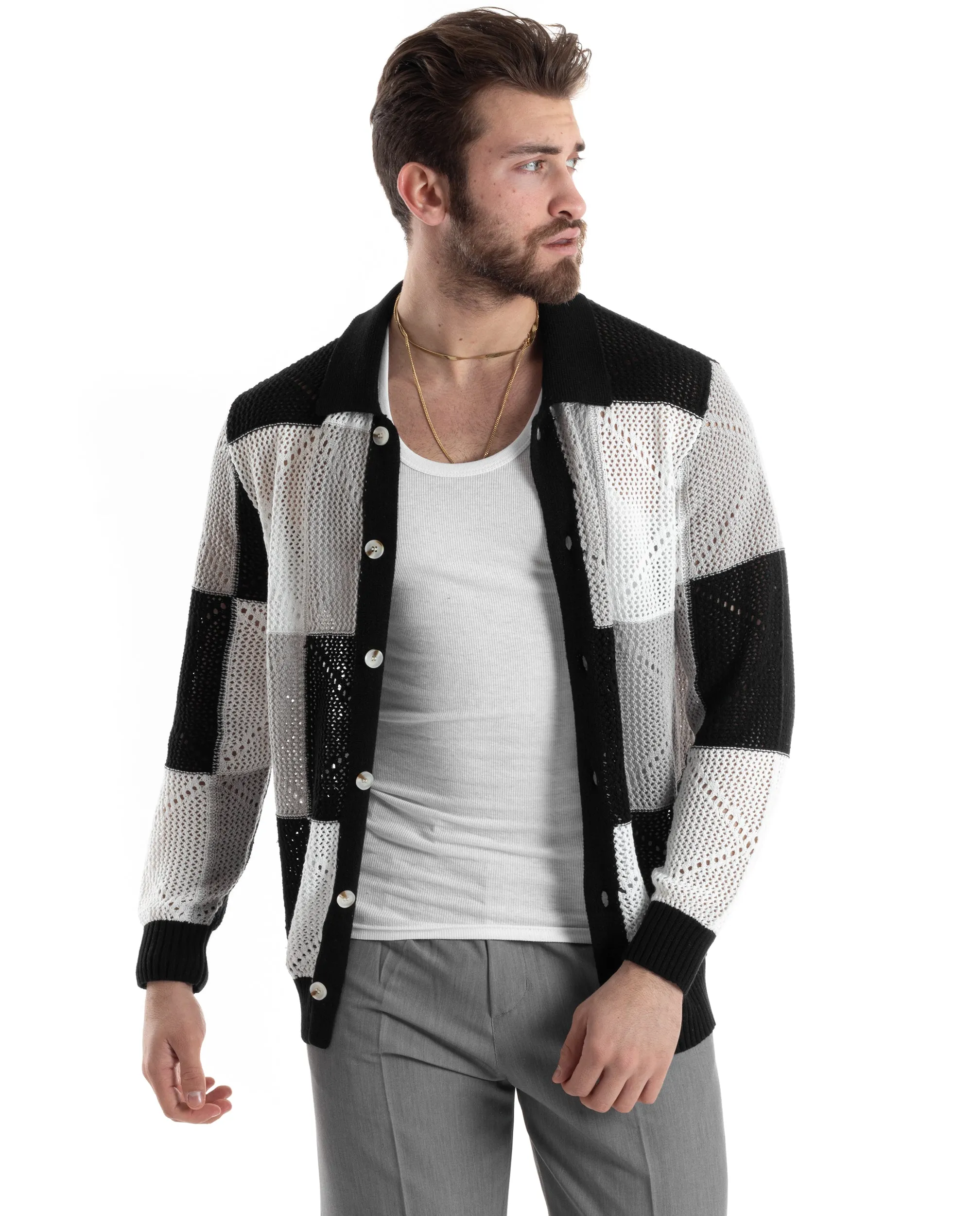 Cardigan Uomo Con Colletto Maglia Multicolore Polo Bucata Giacca Con Bottoni Nero Casual GIOSAL-M2815A