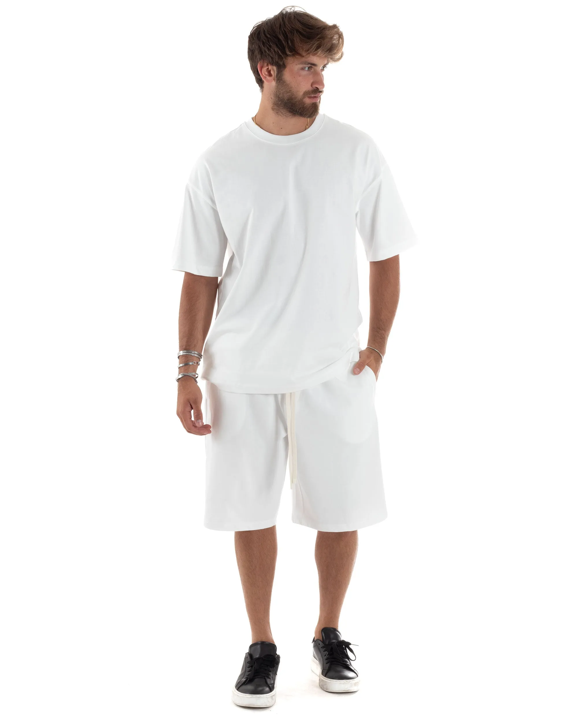 Completo Set Coordinato Uomo Cotone Outfit Basic Casual T-shirt Girocollo Bermuda Con Laccio Pantalaccio Regular Fit Bianco GIOS