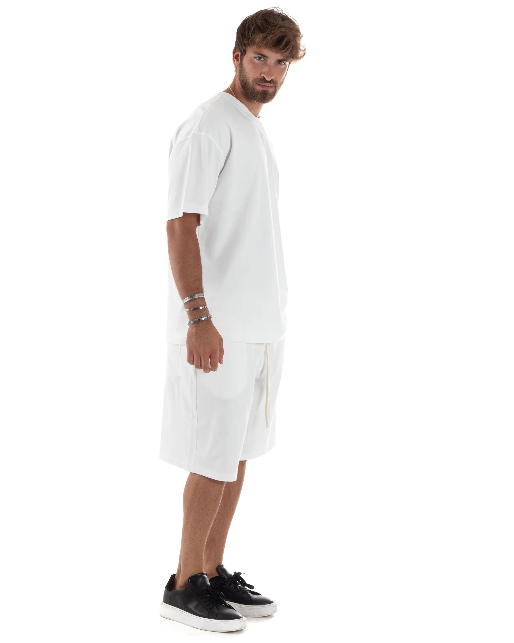 Completo Set Coordinato Uomo Cotone Outfit Basic Casual T-shirt Girocollo Bermuda Con Laccio Pantalaccio Regular Fit Bianco GIOS