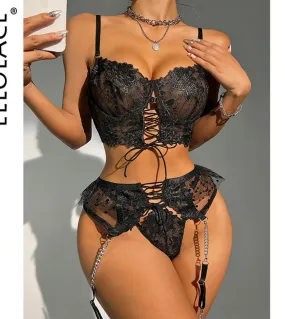 Ellolace Fancy Lingerie Intimo di lusso Giarrettiere con lacci 3 pezzi Set esotici Fantasia Costume perizoma Intimo floreale ner