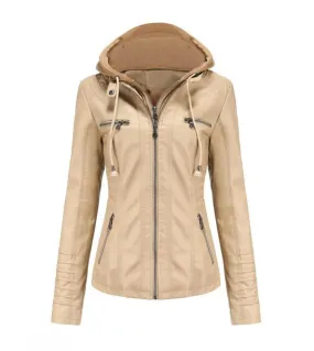 Gacvga Giacca in pelle PU con cappuccio staccabile Taglie forti Abbigliamento da donna in moto Primavera e autunno Outwear Cappo