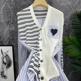 Giacca cardigan lavorata a maglia patchwork a righe ricamate in pelle Love Donna  Top francese