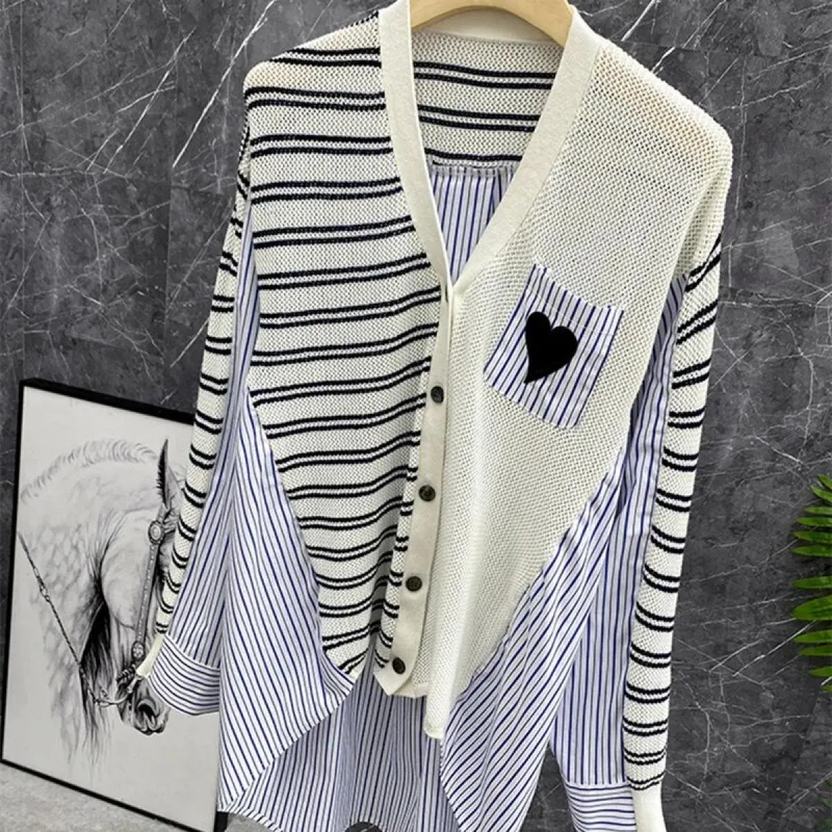 Giacca cardigan lavorata a maglia patchwork a righe ricamate in pelle Love Donna  Top francese