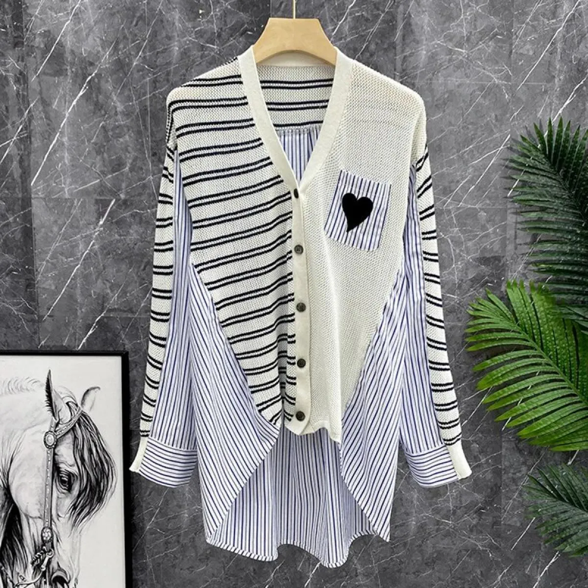 Giacca cardigan lavorata a maglia patchwork a righe ricamate in pelle Love Donna  Top francese