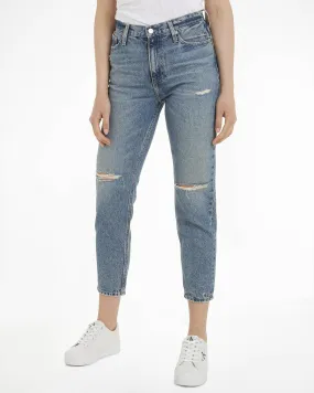 Jeans cropped blu super stone washd in cotone stretch con rotture sulle gambe