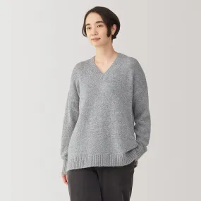 Maglione lungo a V in misto lana di yak da donna