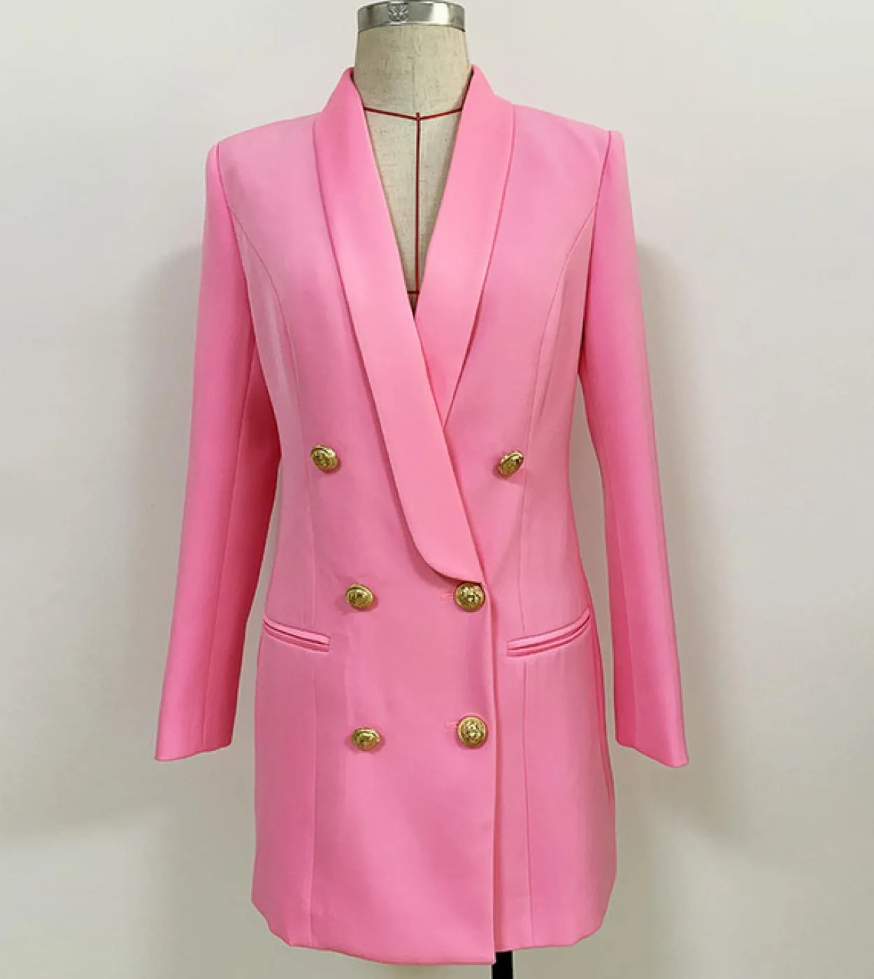 Nuovo abito lungo blazer di design blu cielo autunno bottoni dorati doppio petto in raso con collo a scialle abito da donna Blaz