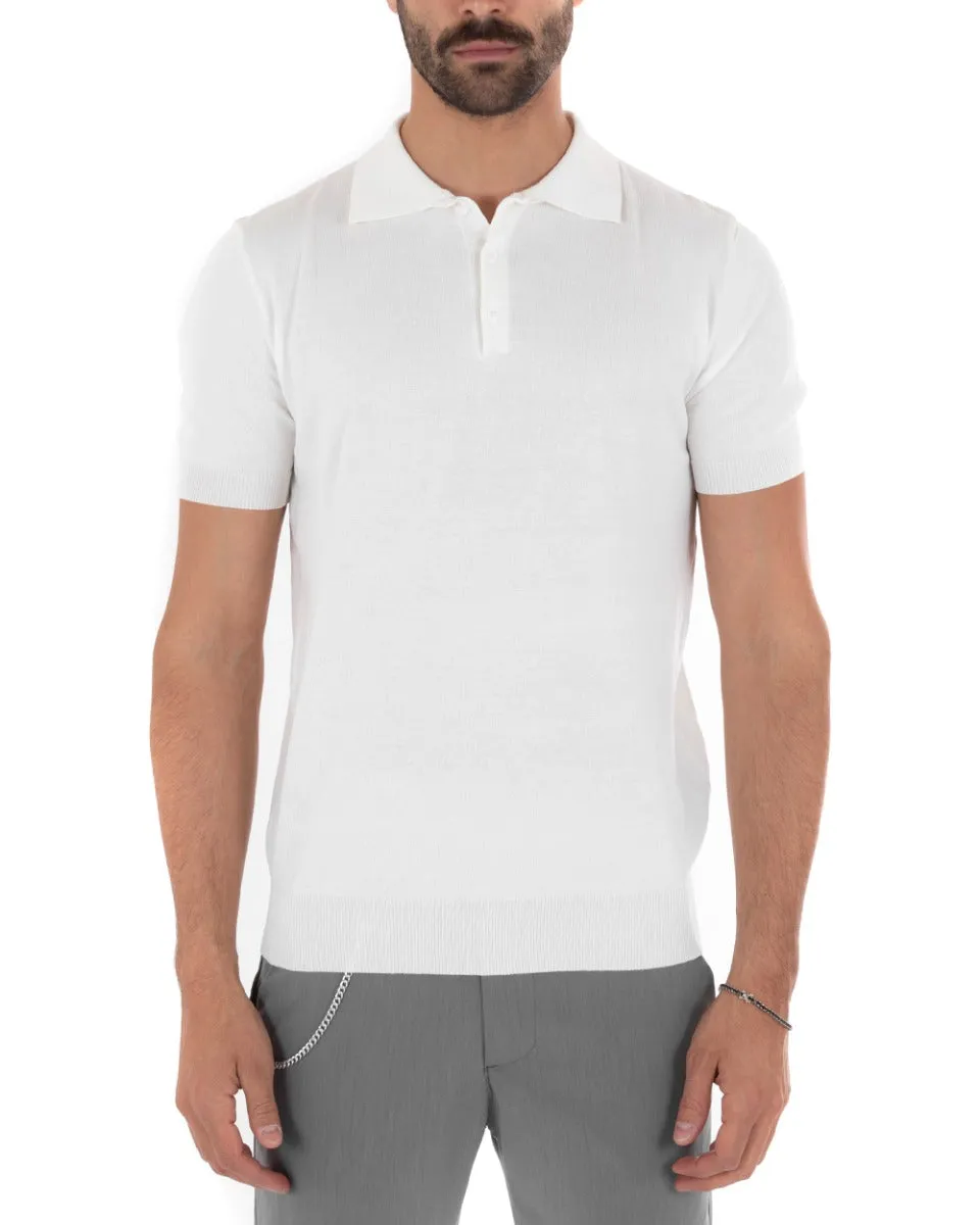 Polo Filo Uomo T-Shirt Manica Corta Con Colletto Bottoni Tinta Unita Bianco Casual GIOSAL-TS2630A