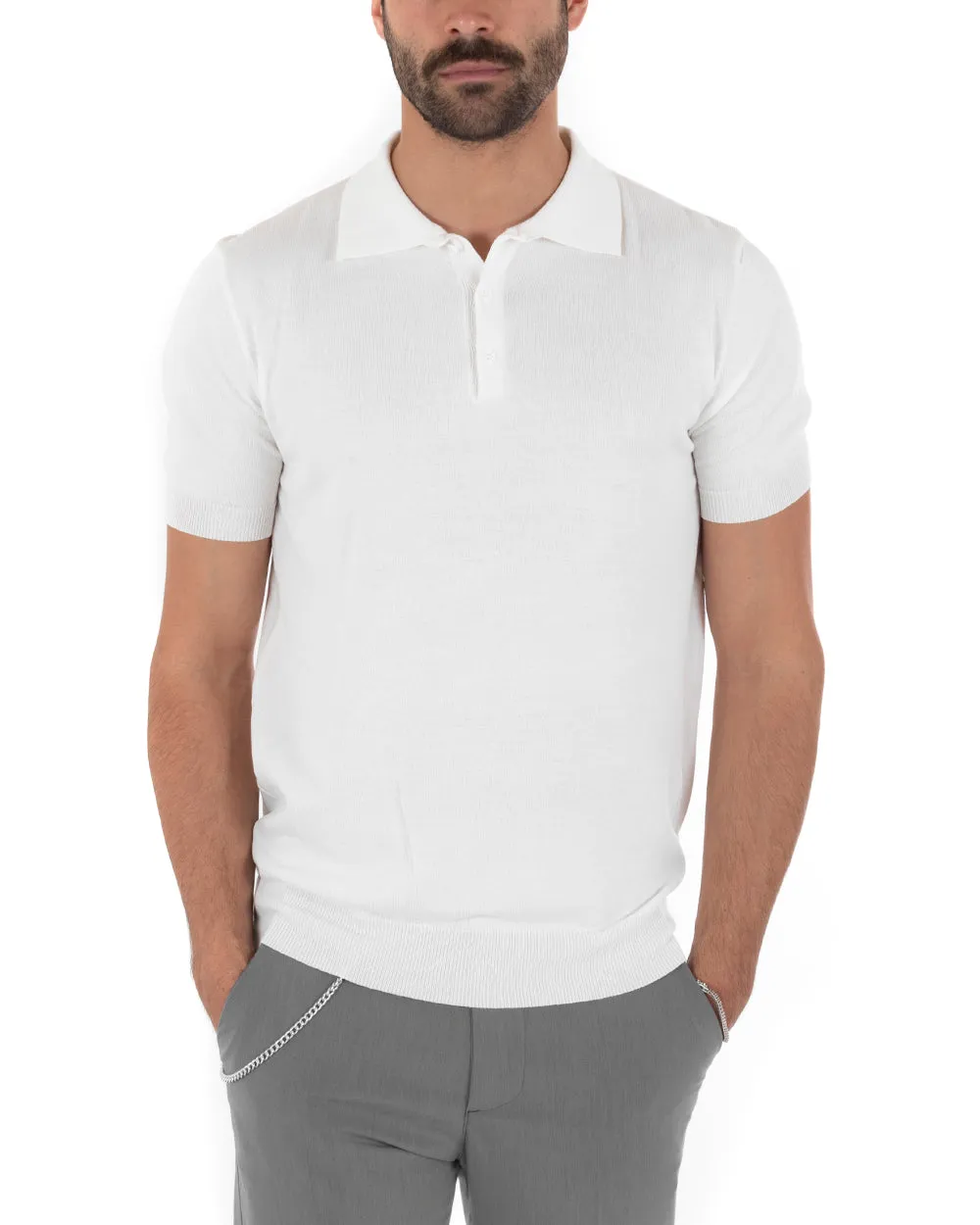 Polo Filo Uomo T-Shirt Manica Corta Con Colletto Bottoni Tinta Unita Bianco Casual GIOSAL-TS2630A