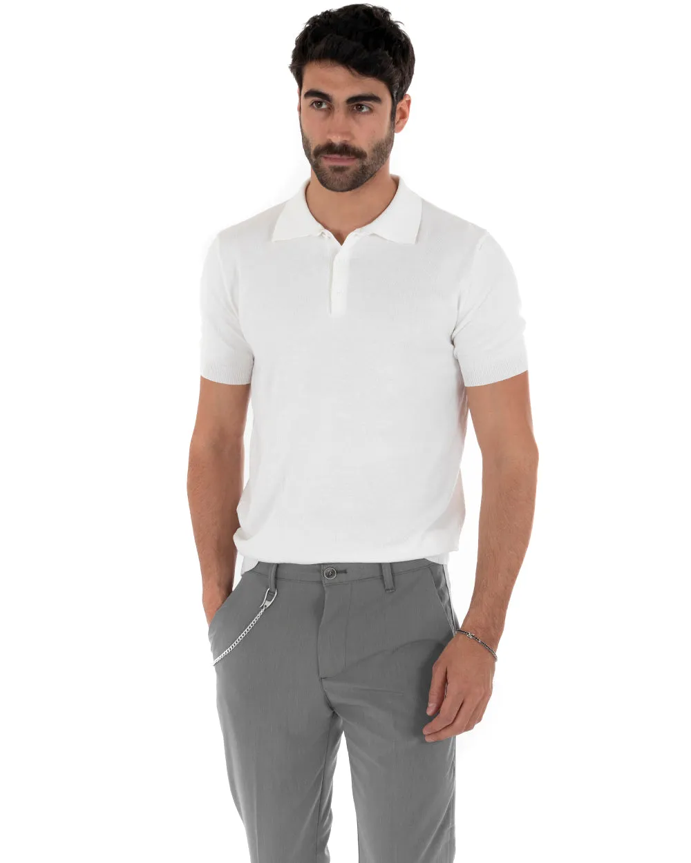 Polo Filo Uomo T-Shirt Manica Corta Con Colletto Bottoni Tinta Unita Bianco Casual GIOSAL-TS2630A