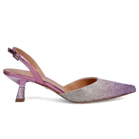 Slingback Chantal viola  e argento con strass e tacco a rocchetto