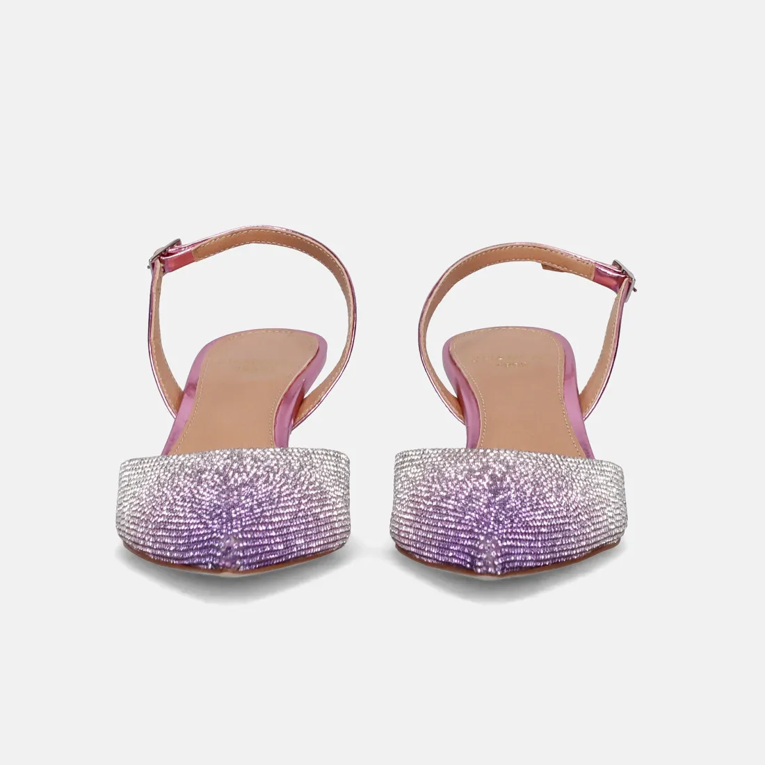 Slingback Chantal viola  e argento con strass e tacco a rocchetto