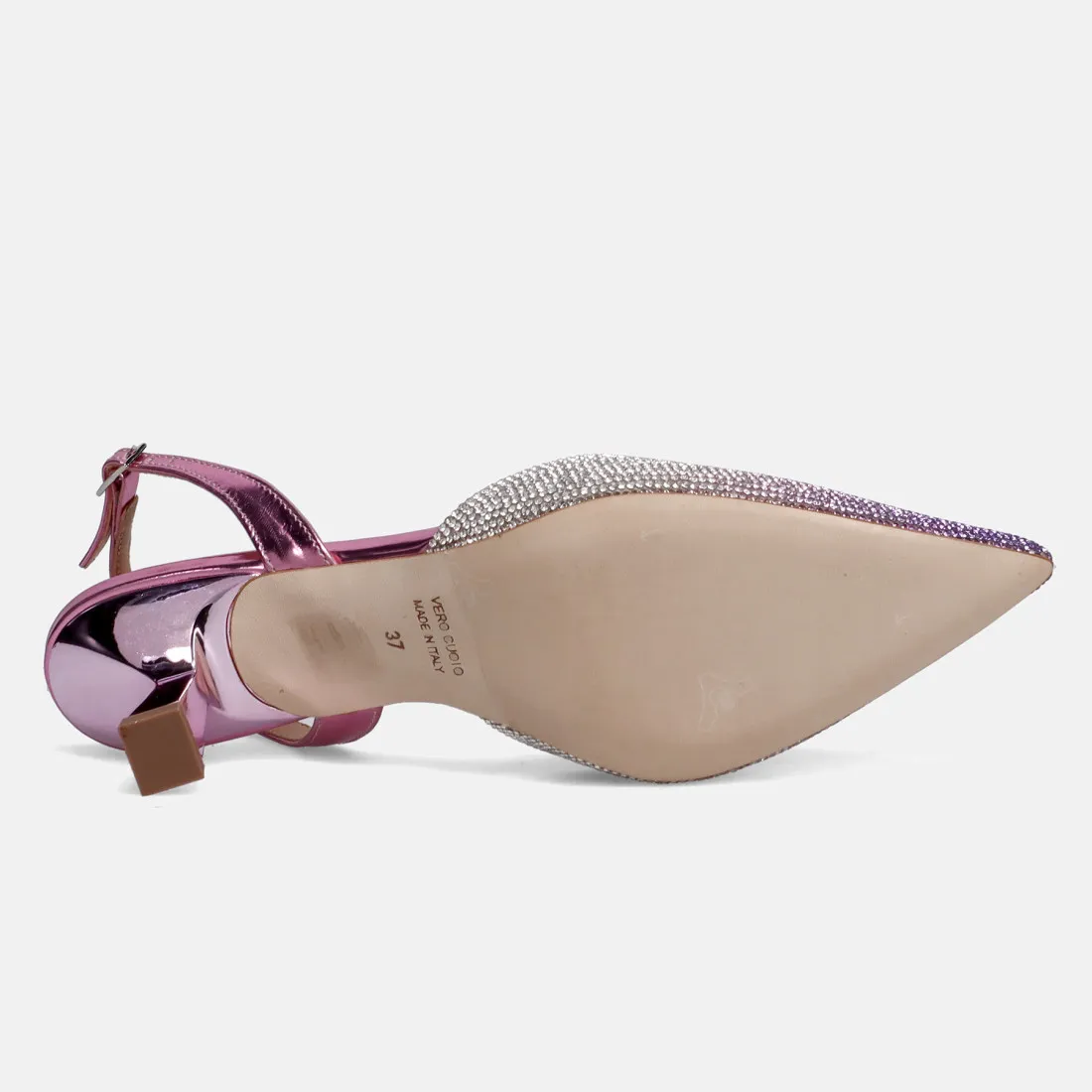 Slingback Chantal viola  e argento con strass e tacco a rocchetto