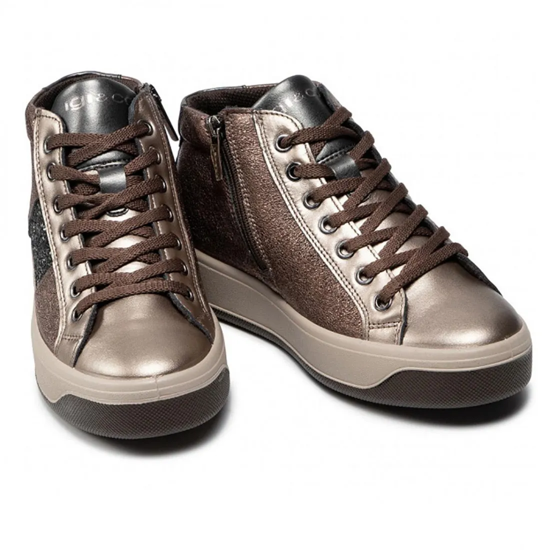 Sneaker hi-top da donna Igi & Co bronzo in pelle laminata e glitter