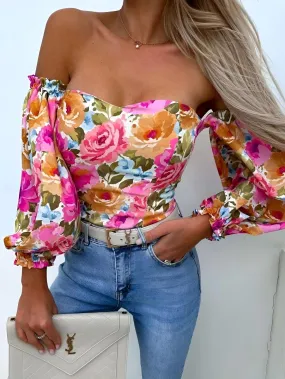 Top Donna Manica Sbuffo Fantasia Floreale Multicolore Scollo Cuore Casual Elegante